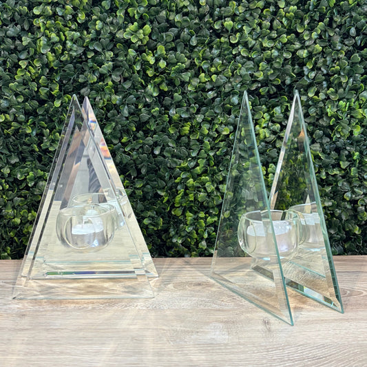 Pair of Triangle Glass Votive Candle Holders, each 5.5"W x 8"H