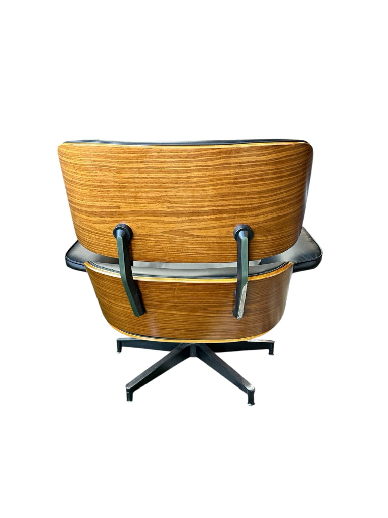 Eames-style chair & ottoman, black leather/veneer, 33"W x 35"D x 30"H