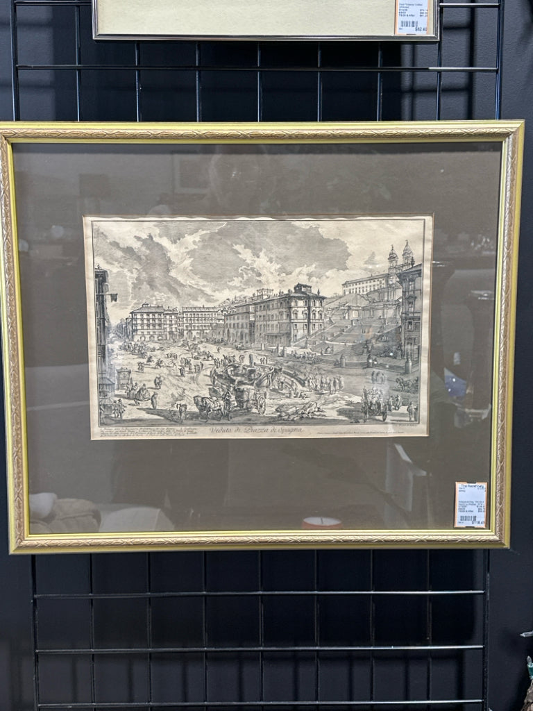 Antique etching, 'Venuta di Piazza' by Piranesi, 26"W x 22"H x 1"D