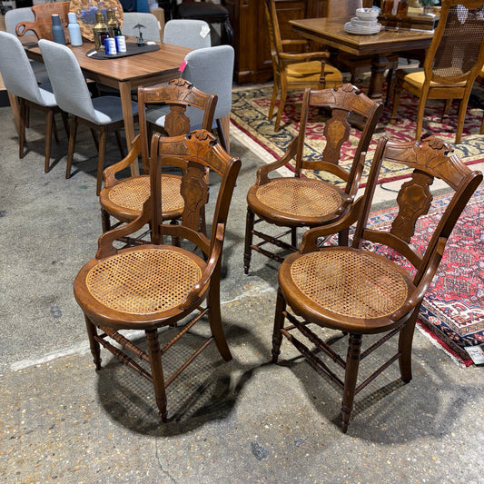 4 Victorian Cane Bottom Wooden Chairs, 33.5"H x 19"D x 17.5"W