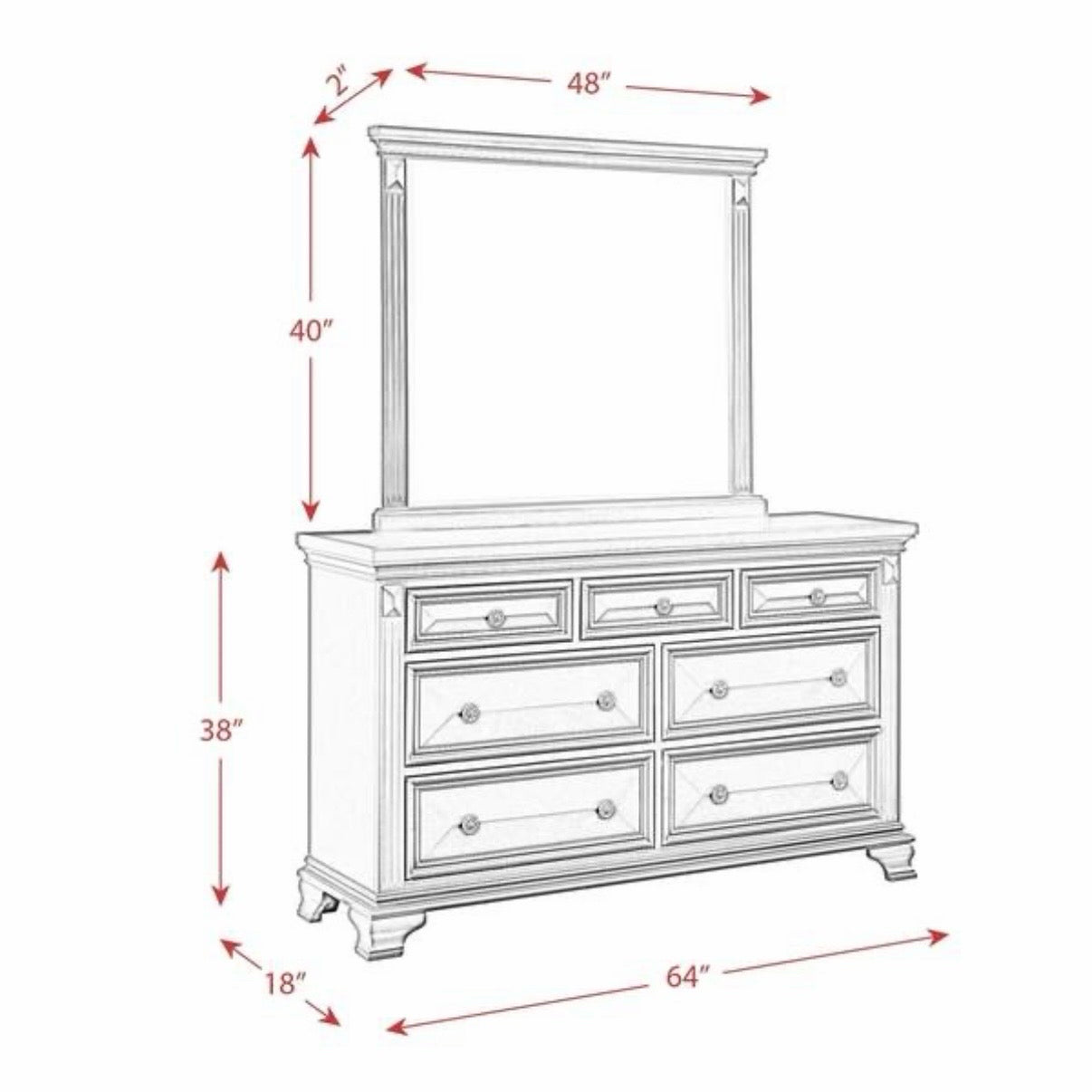 Calloway 7 Drawer Dresser w/ Mirror, 64"W x 18"D x 78"H