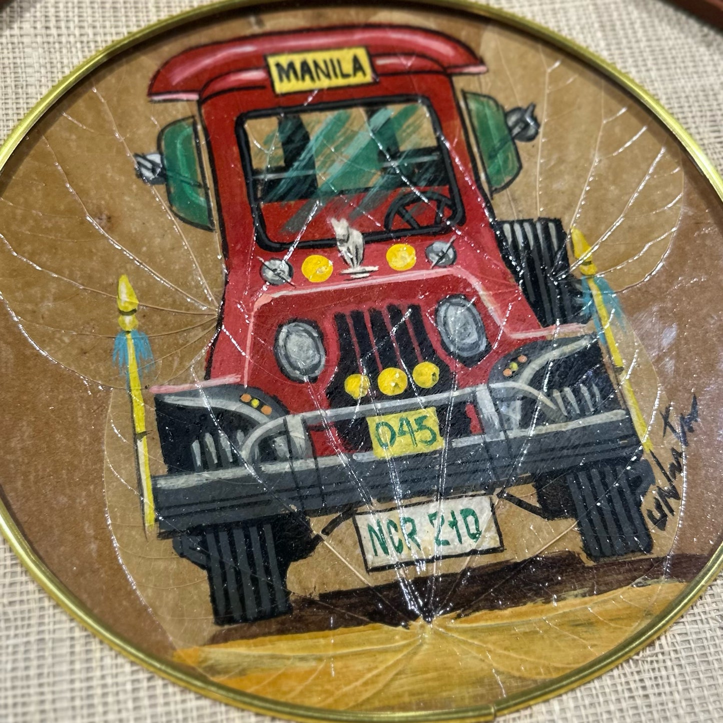 Manila Jeepney Octagon Painting, Leaves Canvas, 12" Dia
