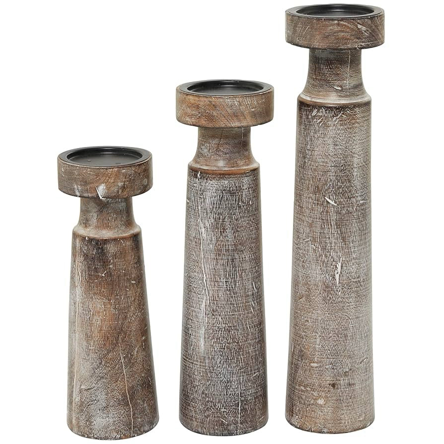 Set of 3 Mango Wood Pillar Candleholders, 4" Dia x 17.5" H, 14.5" H, & 12" H