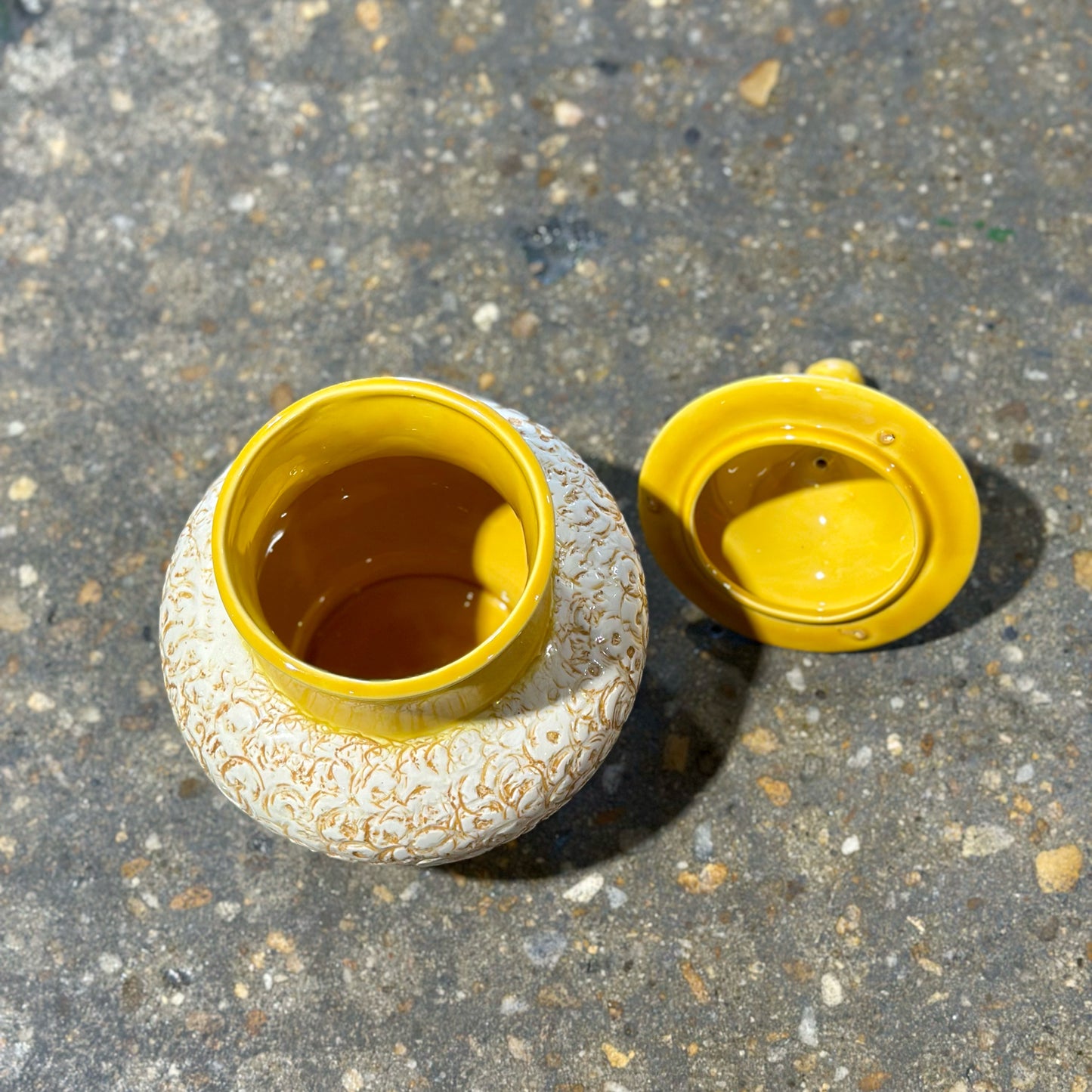 Vintage Lidded Urn, Yellow Ceramic, 6.25" Dia x 10" H