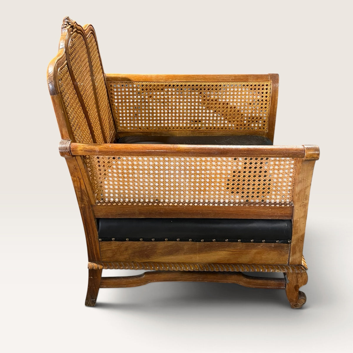 1930's Teak & Cane Ladies Bergere Chair w/Black Leather Seat