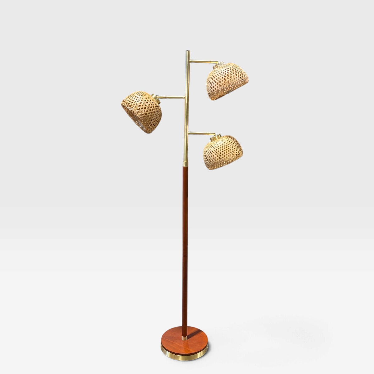 "Mid Century" Style 3-Light Rattan/Brass/Wood Floor Lamp, 66"H x 11"D x 25"W