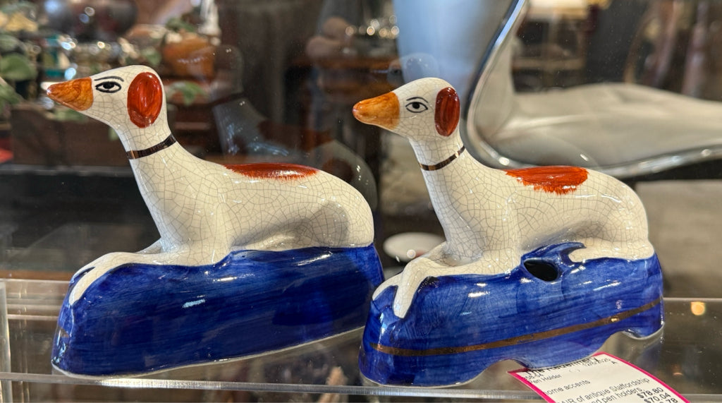 PAIR of antique Staffordshire greyhound pen holders, 5.5"L x 3.5"H