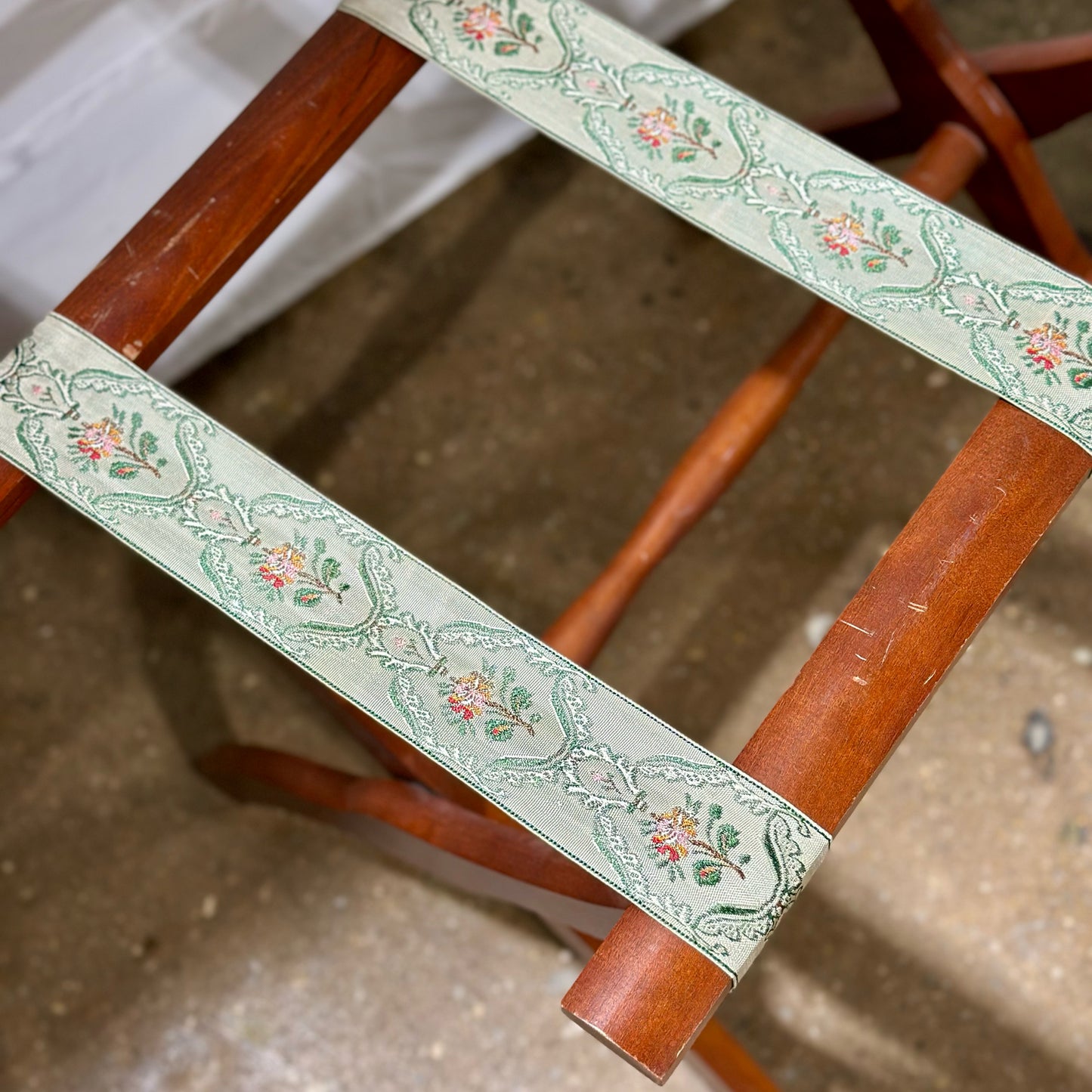 Vintage Folding Wood Luggage Rack, Green & Pink Floral, 22.5"L x 13.25"W x 20"H