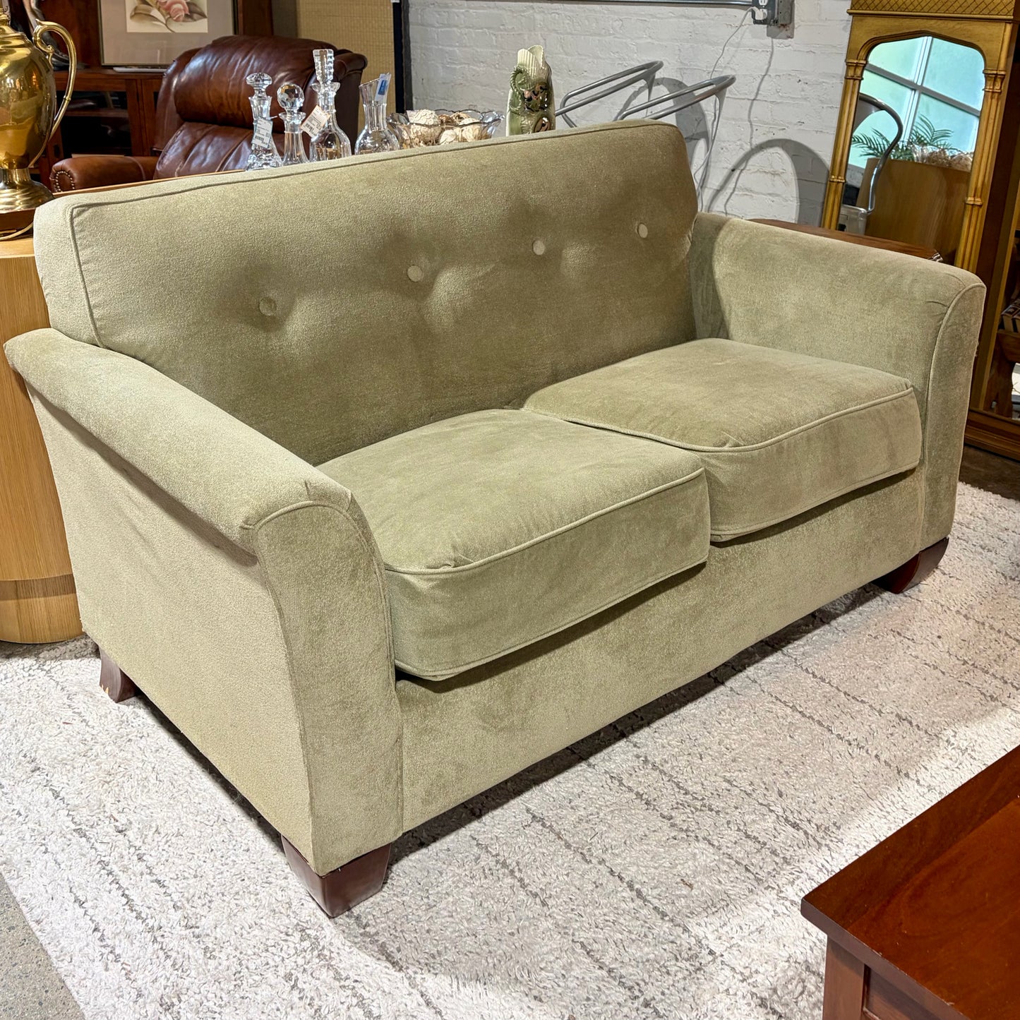 Green Velvet Loveseat w/ Tufted Back, 66"W x 35"D x 34.75"H
