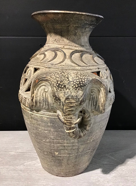 VTG Thai-Style Pottery Vase w/Elephant Motif, 14.5" H x 9" D x 12" W