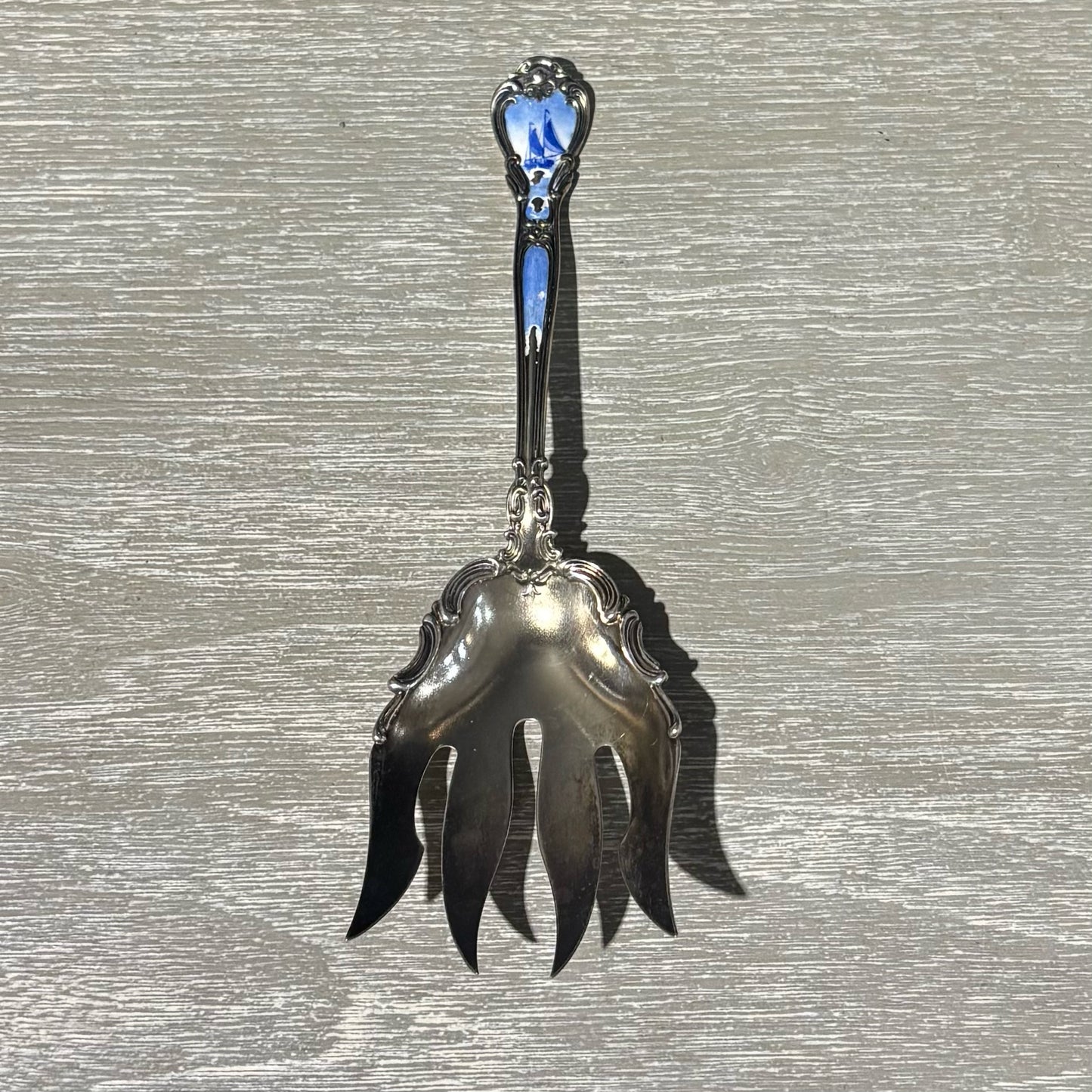 Sterling Fish Fork, Gorham Chantilly, Enamel Scene 7.75" L x 2.25" W