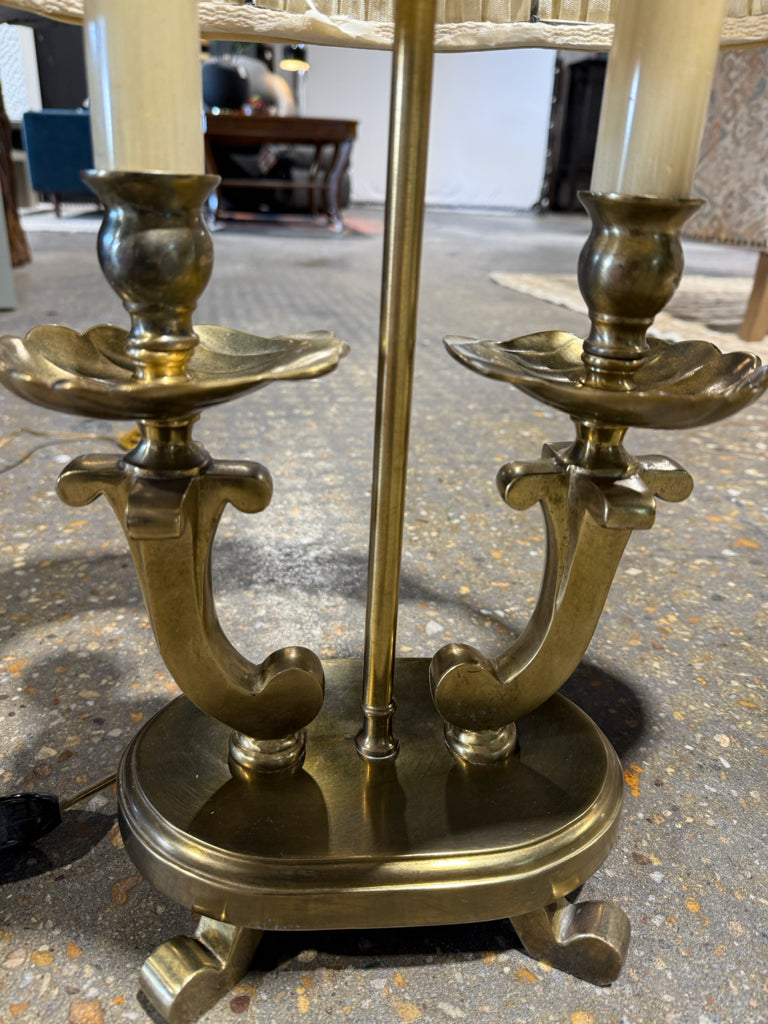 Vintage buillote style brass lamp, shells, pleated shade,26"H x 15"W x 10"D