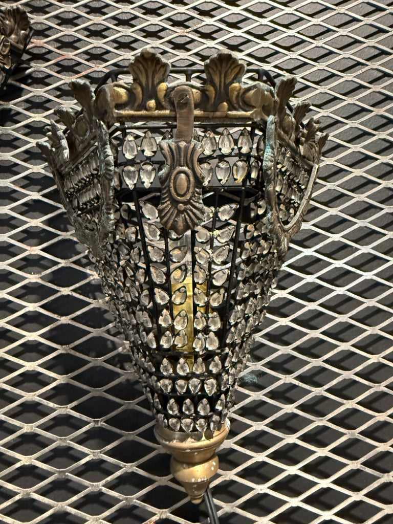 PAIR of Antique brass/crystal Art Deco sconces, 11.5"H x 9.5"W x 6"D