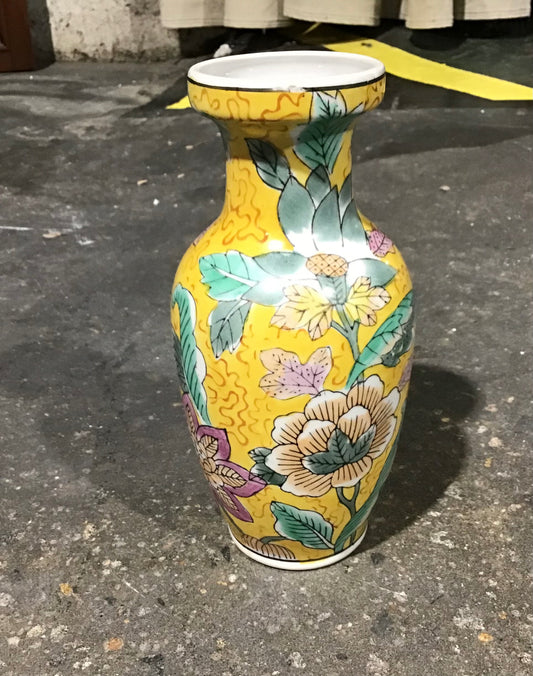 Yellow Floral Chinoiserie Vase 4" W x 8" H