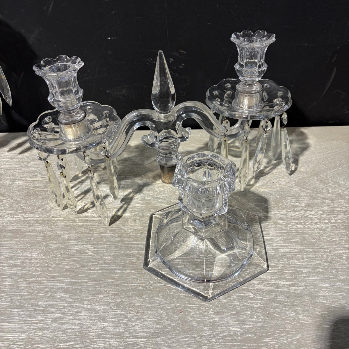 Pair Old Wmsburg Candelabra by Heisey, ea 11"H x 13"W x 6"D