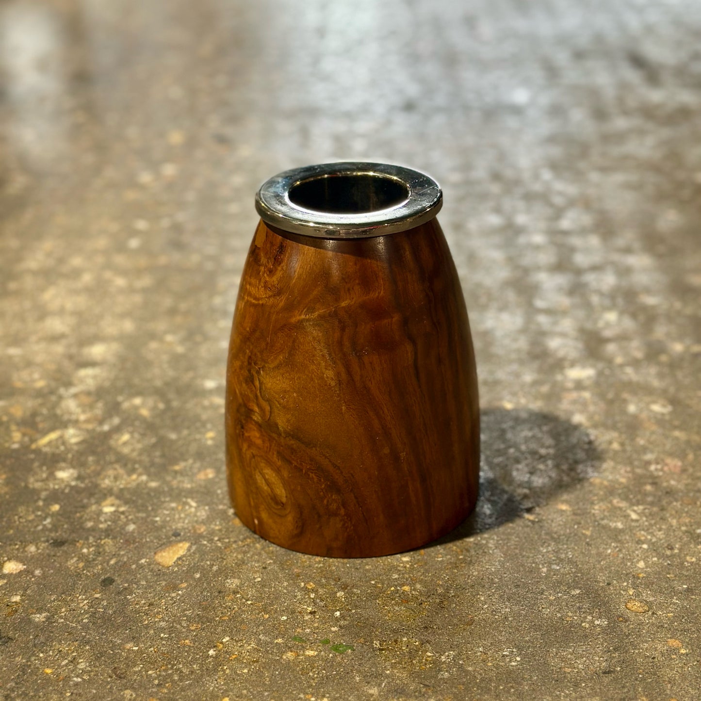 Vintage MCM Modulus Vase, Walnut & Chrome, 5.5" Dia x 6.5" H