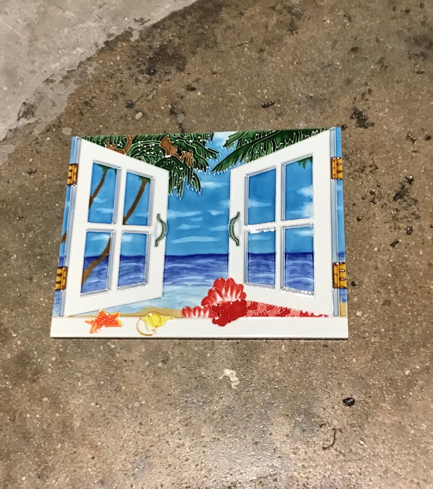 "Window Sea View" Decorative Art Tile 11"L x 14"W x .25"D