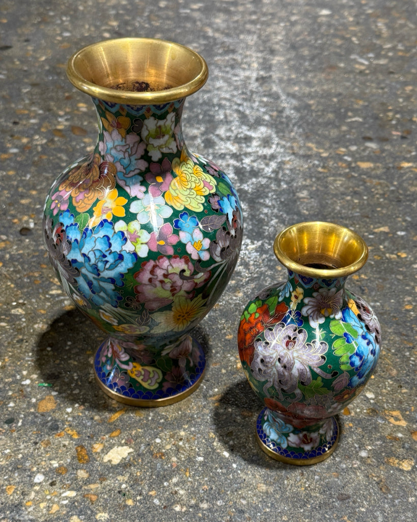 PAIR of cloisonne vases, multicolor, 6" & 9"