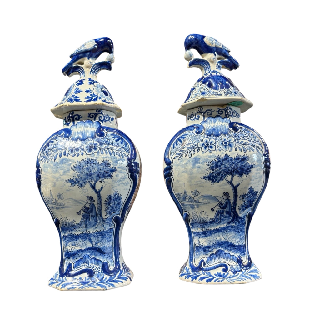 18th Century Dutch Delft lidded vases, repaired, 5"W x 3.5"D x 11.75"H