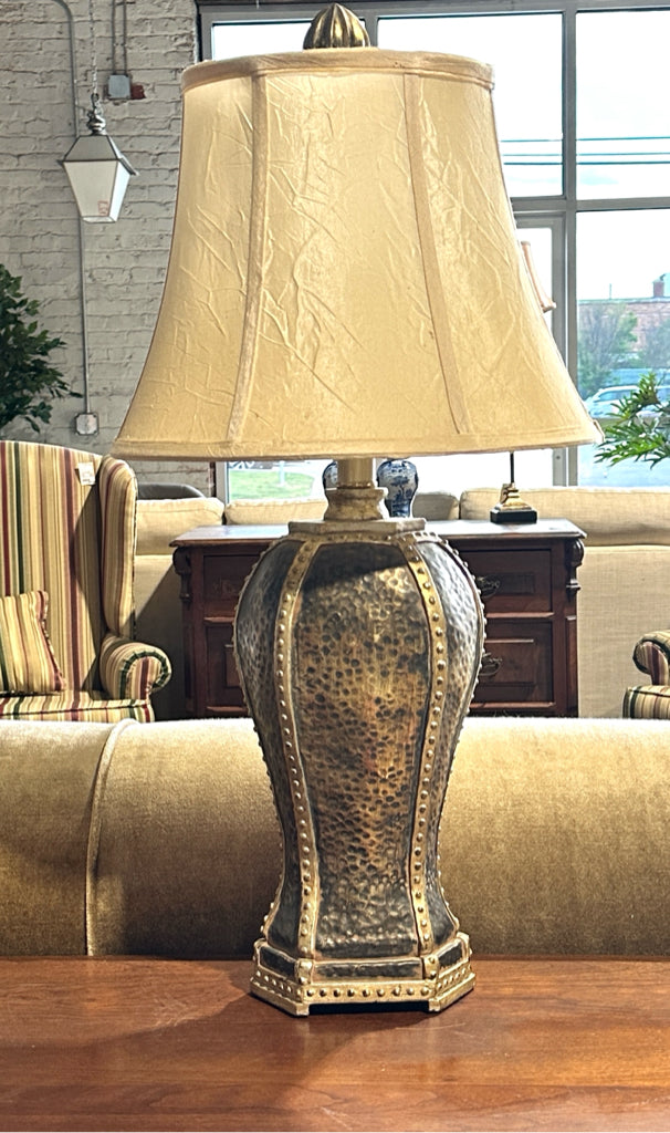 Rustic studded seam table lamp, 26"H