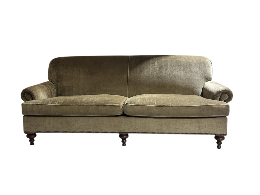 Charles Stewart sofa, camelback, rolled arms, nailhead trim, 84"L x 36"D x 34"H