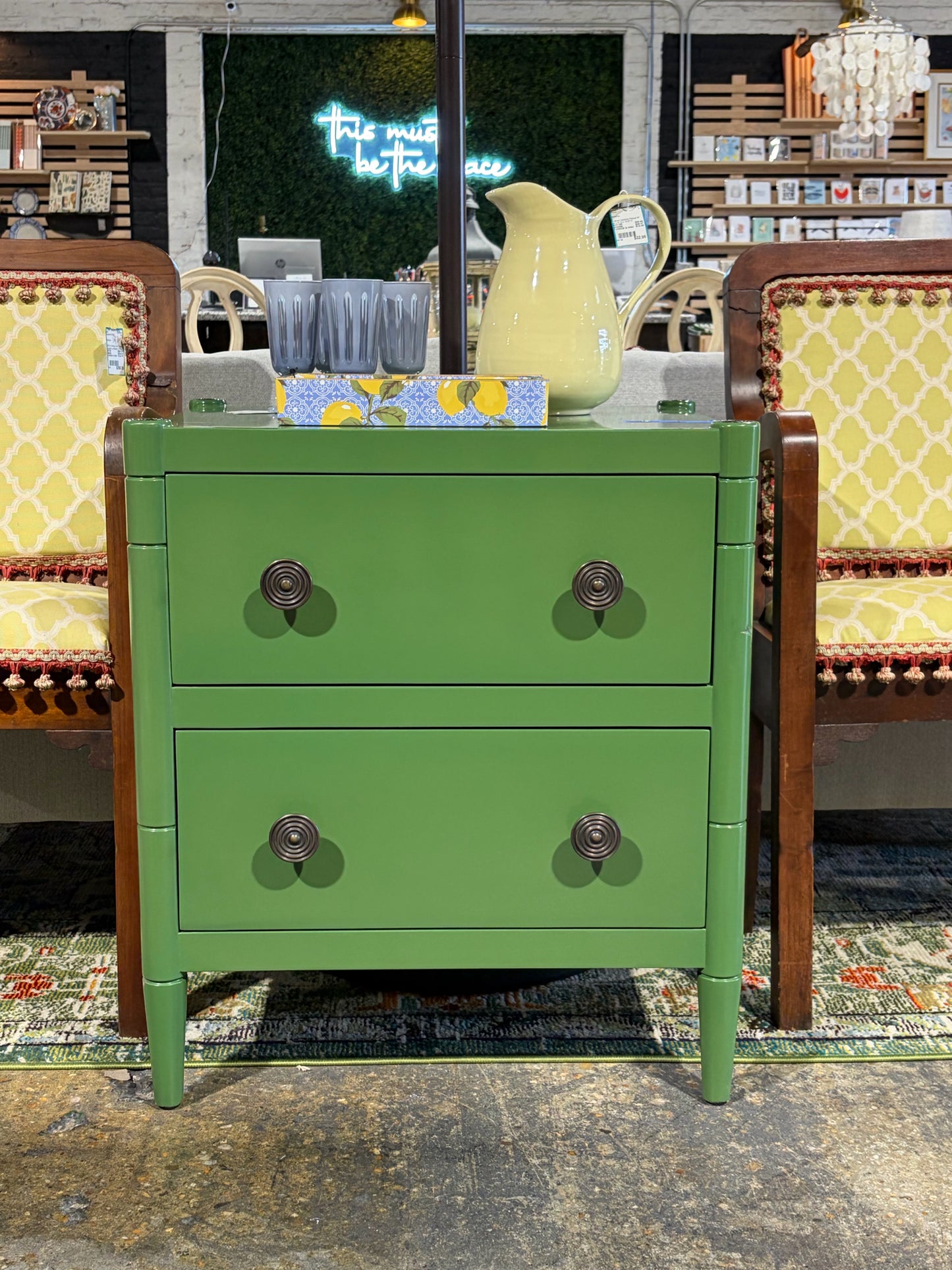 Green 2-Drawer Side/End Table w/Silver Pulls & Detail, 30"H x 26"W x 19.5"D