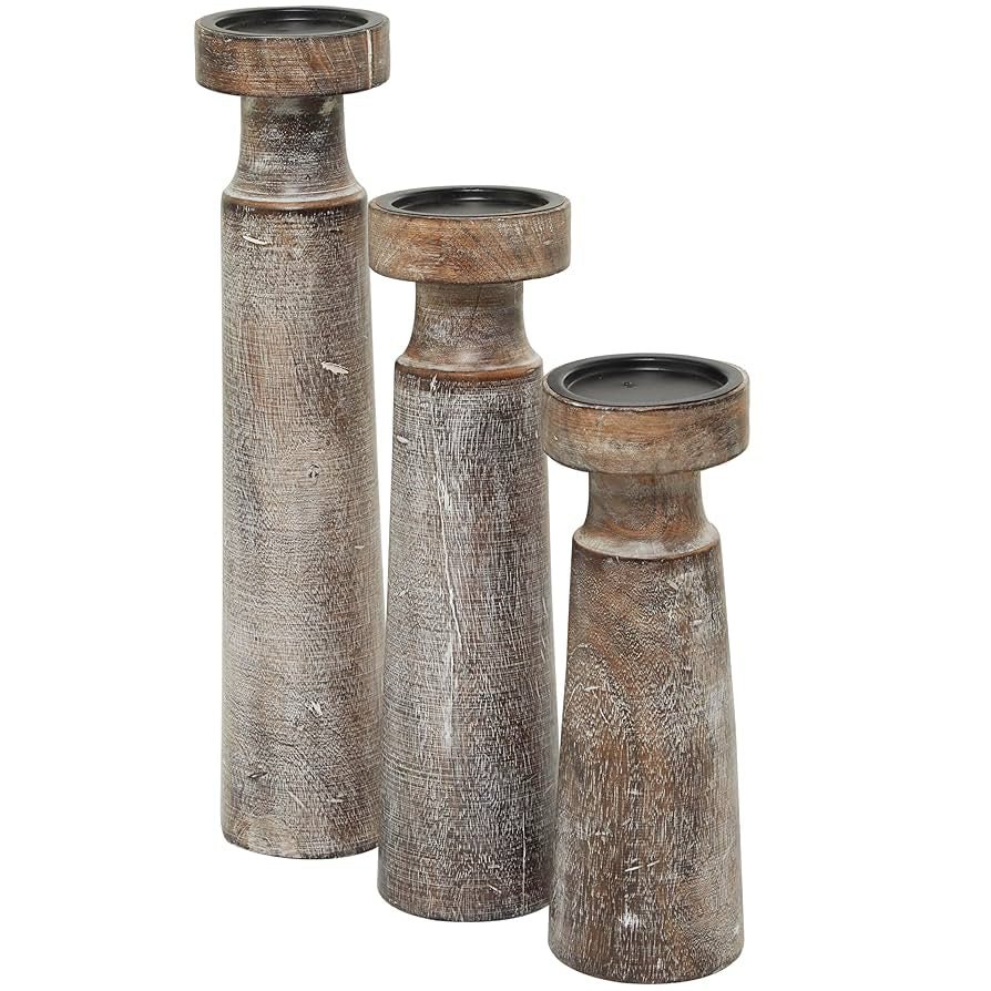 Set of 3 Mango Wood Pillar Candleholders, 4" Dia x 17.5" H, 14.5" H, & 12" H