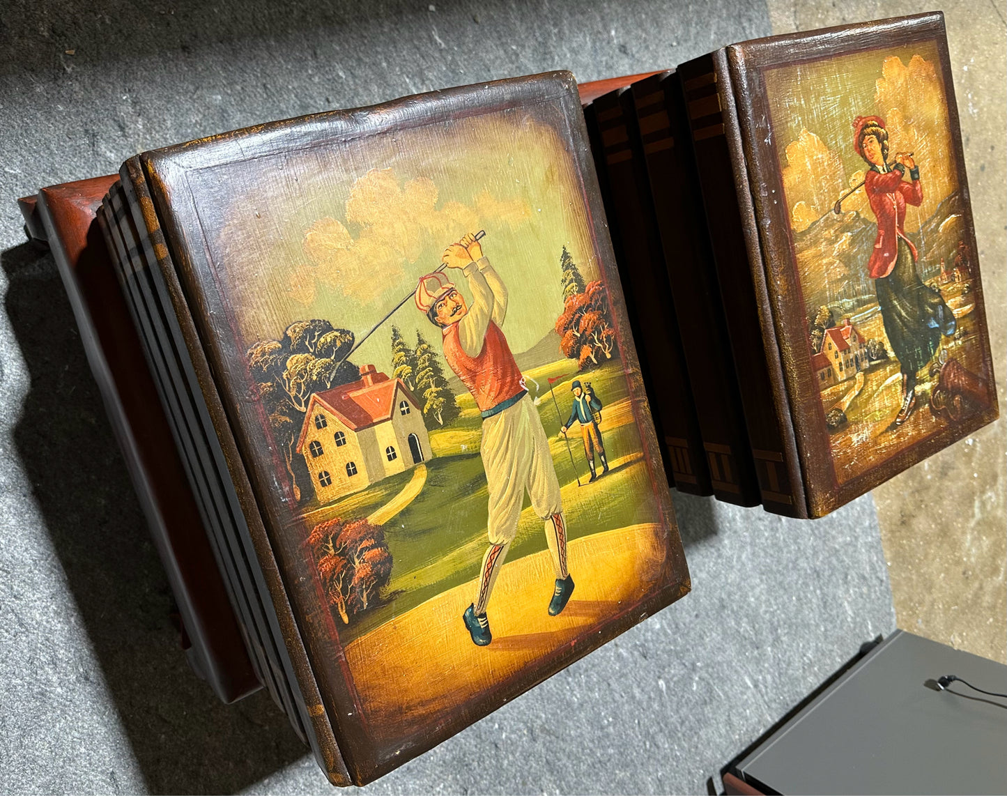 Pair of Faux His & Hers Golf Book Stack Cabinet End Tables 21" L x 17" W x 22" D