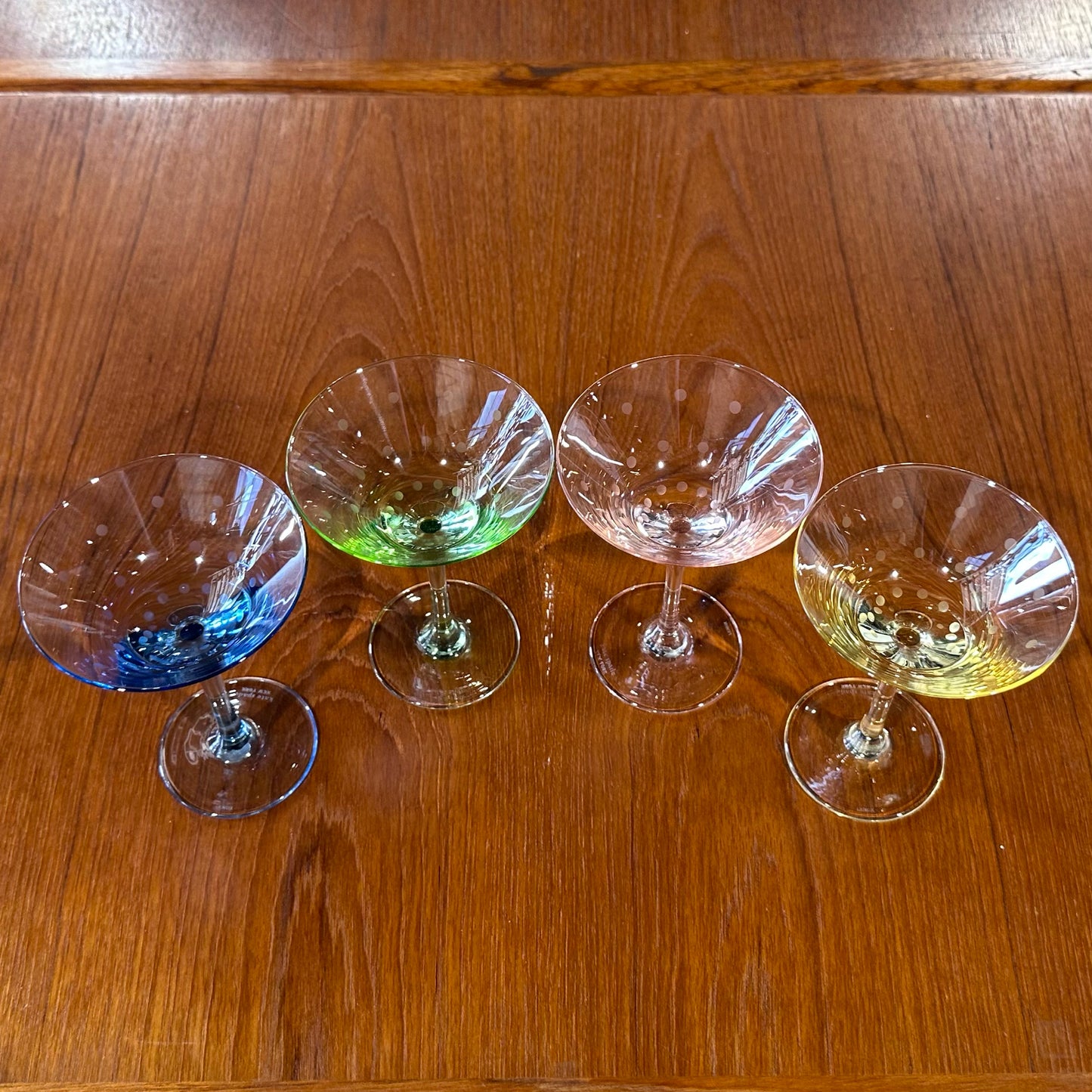 Set of 4 Kate Spade Martini Glasses, Multicolor Polka Dot Crystal, 5" H x 3.5" W
