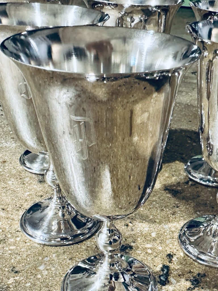 (6) Wm Adams silverplate wine glasses, Italy, "P" monogram