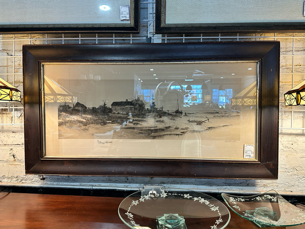 Antique signed (Bohde) etching, sea cabin/sailboat, c. 1880, 42"W x 32"H x 1"D
