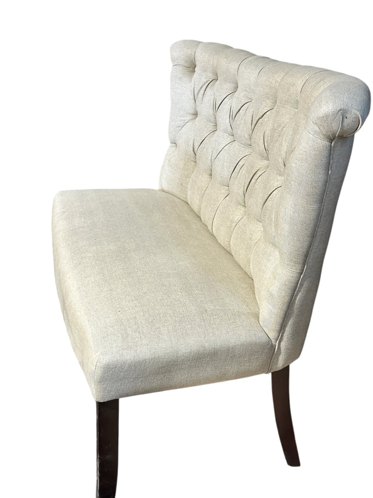 Tufted settee, tan twill, 46"W x 19"D x 38"H