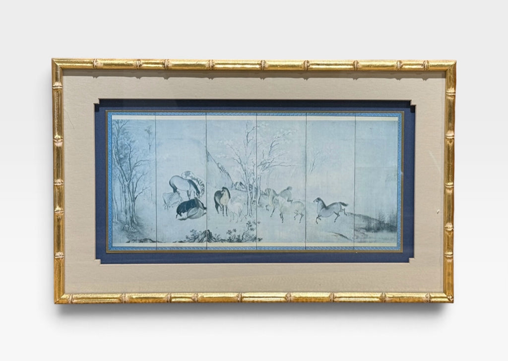 Asian horses, print, bamboo frame, 19.5" W x 14"H