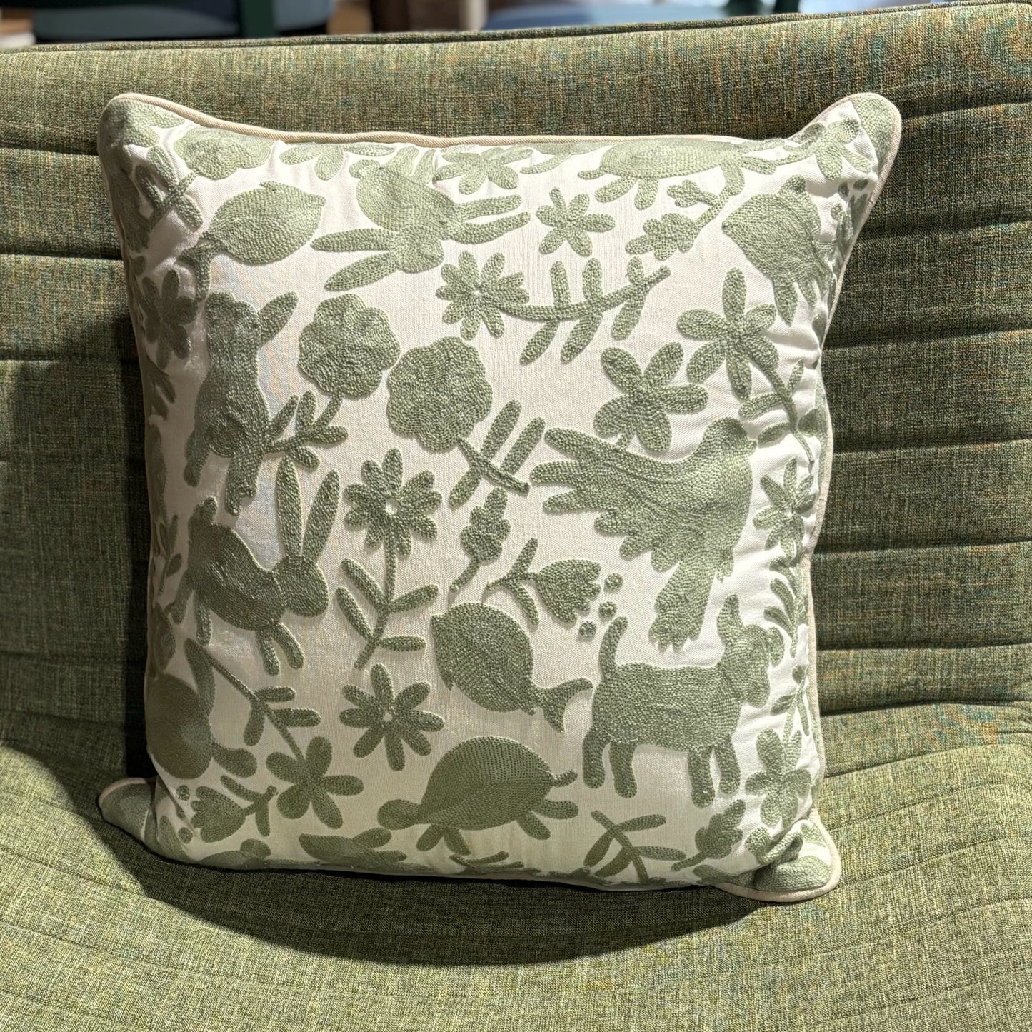 White Pillow w/ Green Embroidery Animal & Floral 20" L x 20" D x 7 H