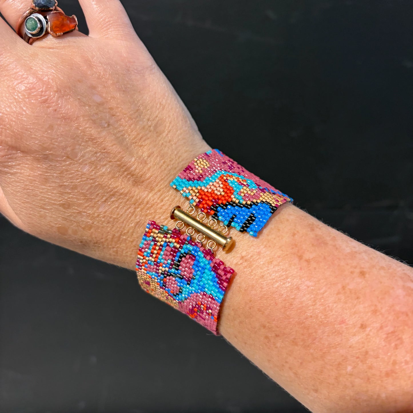 "Klimt" Peyote stitch bracelet by Carrie Prince, Plum/Gold/Blue, 1.5"W x 7"L
