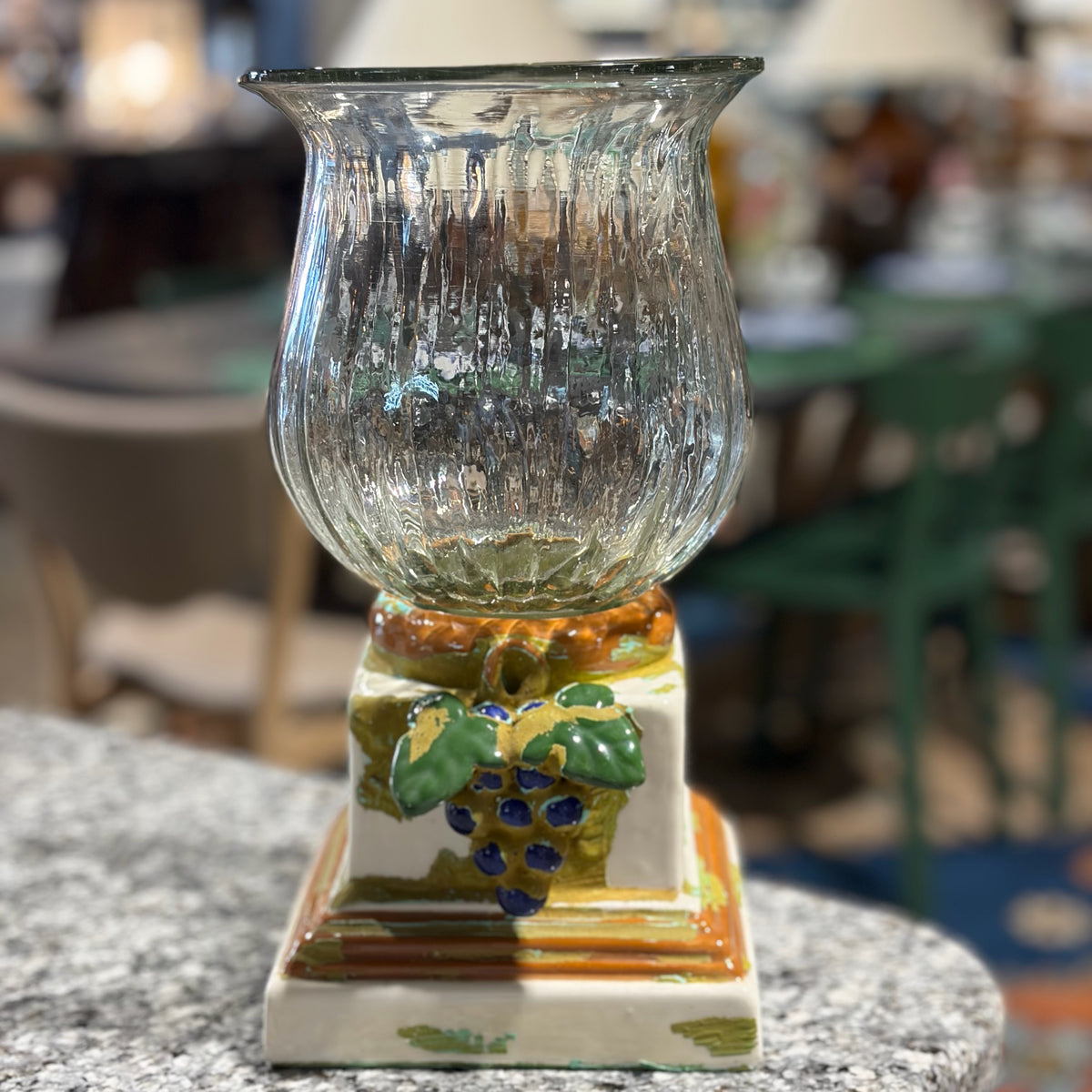 Glass Hurricane on Ceramic Base w/Grape Cluster, 6.5"Sq x 12"H