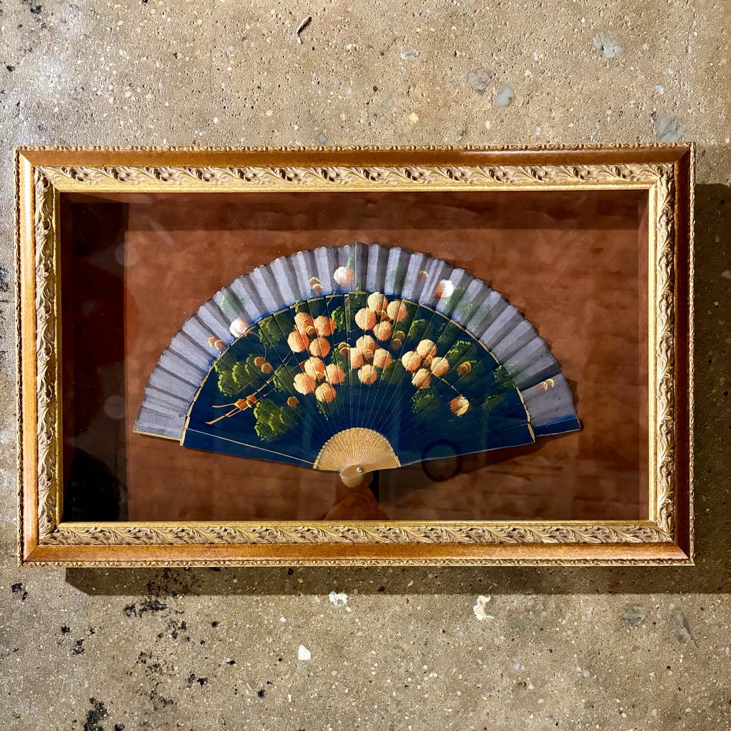 VTG Framed Hand Painted Folding Fan, 24"W x 14.75"H x 2"D