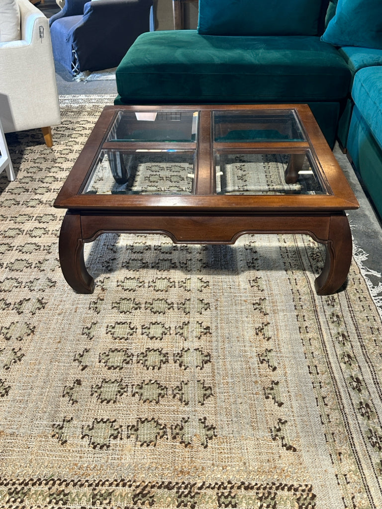 Ming style glass insert Coffee Table, 39"W x 39"L x 16"H