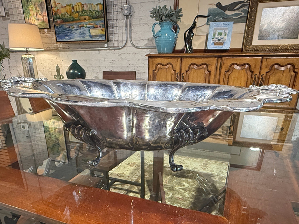 Vintage Baroque footed bowl, silverplate, 22"W x 15.5"D x 5"H