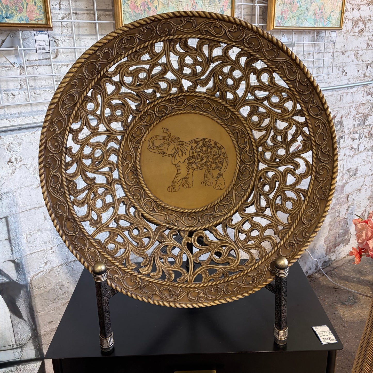 Large Carved Elephant Plate on Stand, (27"Dia) 30.5"H x 27"W x 14.75"D