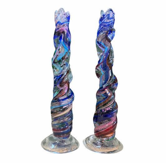 Pair of David Goldhagen Spiral Art Glass Candlesticks, ea13"H x 4"Dia