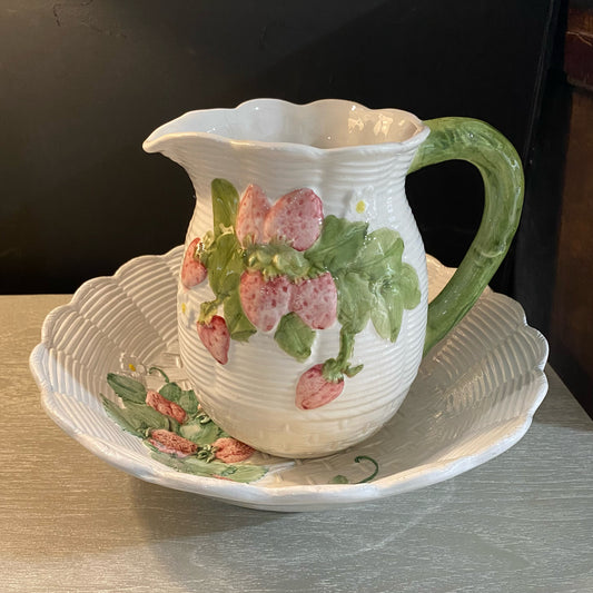 Vintage Strawberry Vine Pitcher W/Bowl, 9"H x 13"Dia