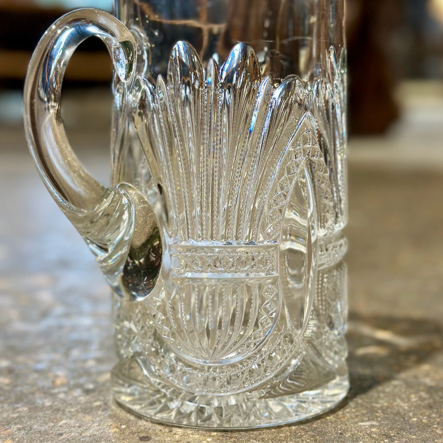 American Brilliant Cut Glass Pitcher, Antique, 7" L x 4.5" W x 9" H