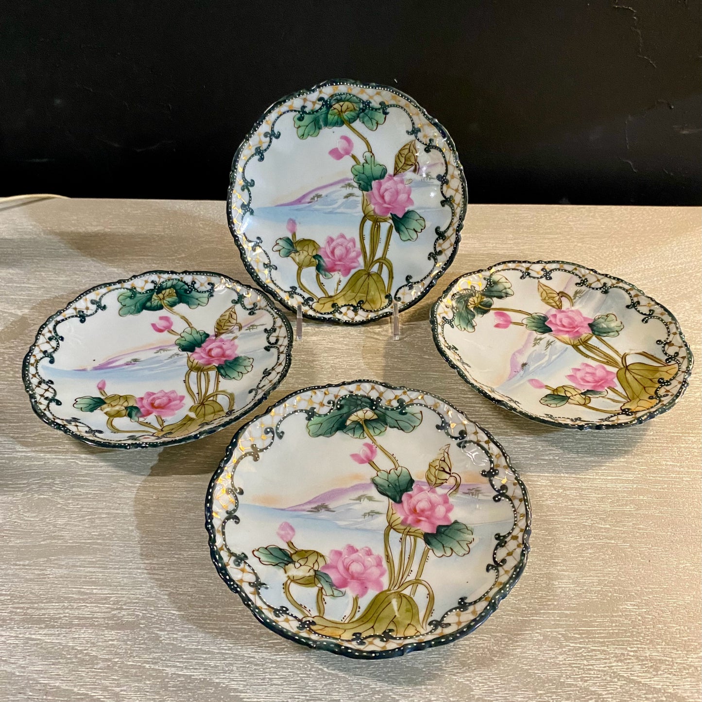 Set 4 , Hand Painted Nippon Lotus Plates. 6.25"Dia x 1"H