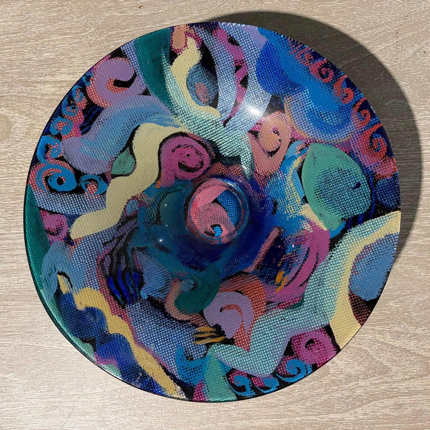 Abstract Hand Painted Art Glass Bowl, Fione, 12"Dia x 2.5"H