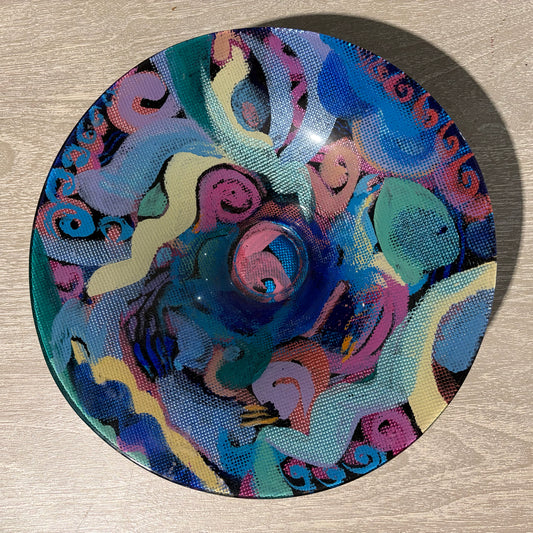 Abstract Hand Painted Art Glass Bowl, Fione, 12"Dia x 2.5"H