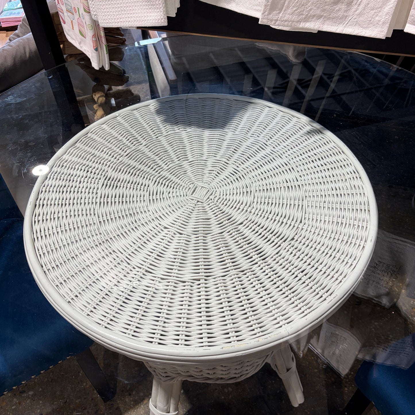 White Wicker Table w/Round Glass Top, 48"W x 30"H