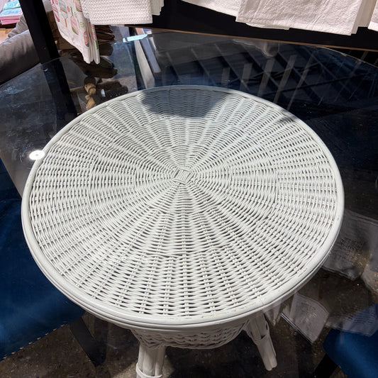 White Wicker Table w/Round Glass Top, 48"W x 30"H