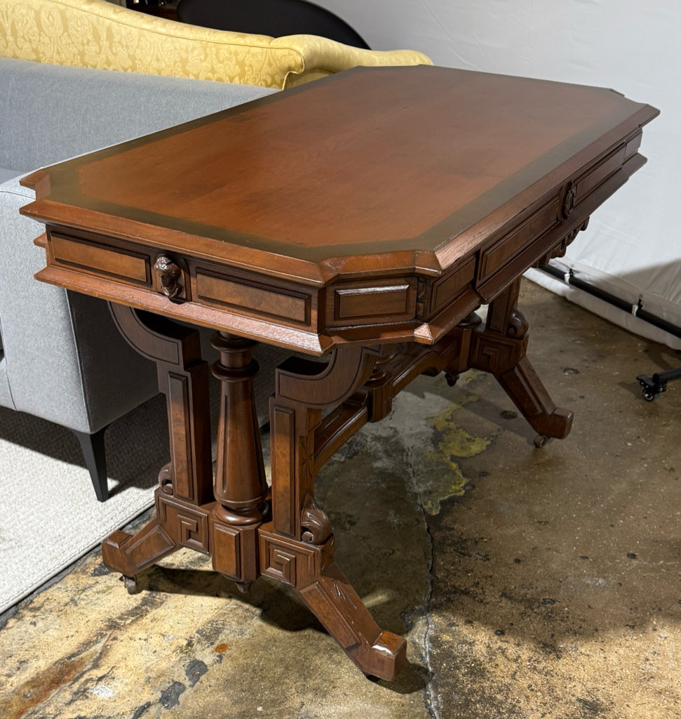 Antique Desk, c. 1870s, walnut, cameos/carving, 48.5"L x 26.5"W x 30"H