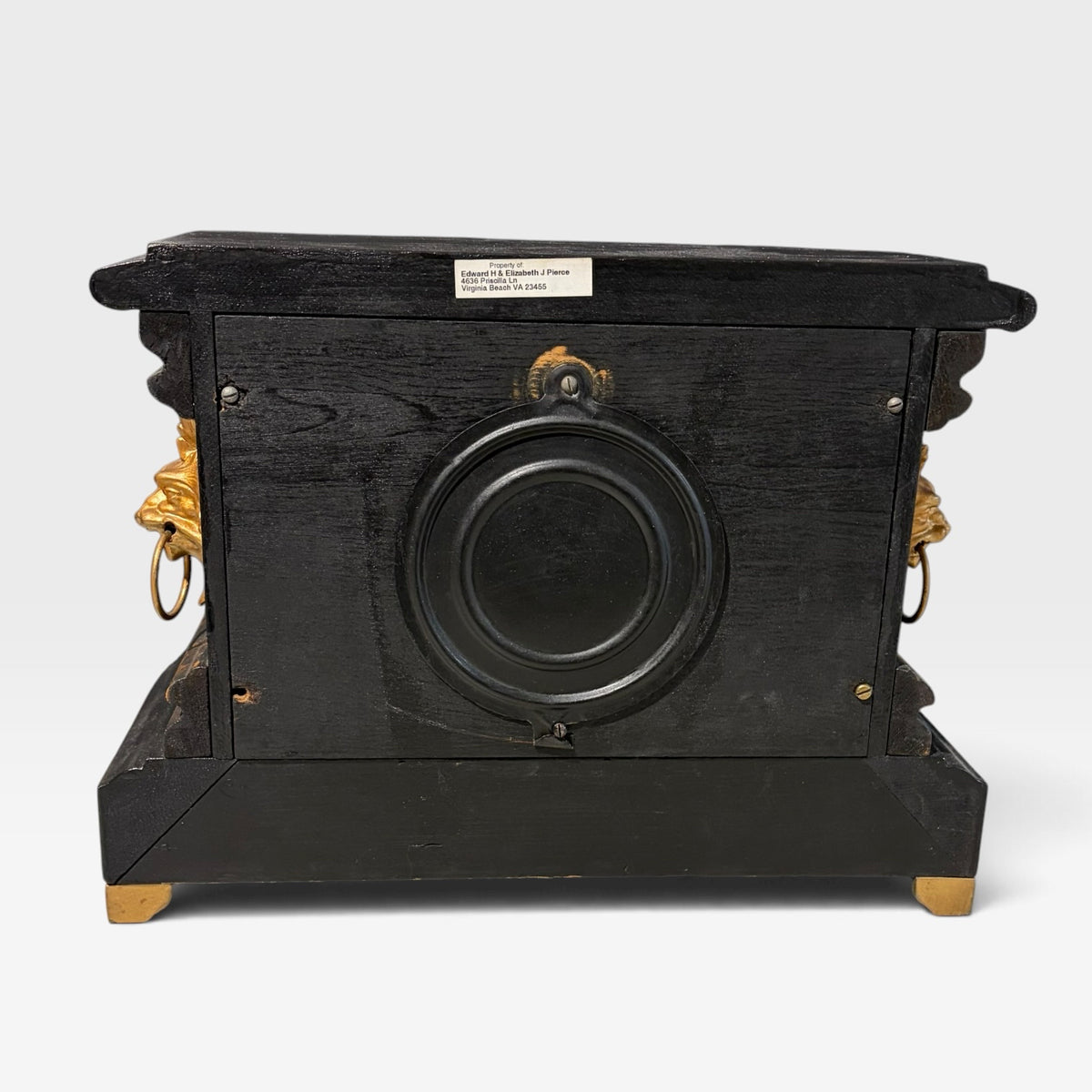 Antique Mantel Clock w/key, blk/grn/bronze, 16"W x 6.75"D x 11"H